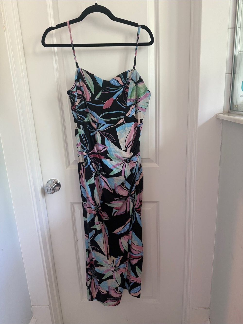 Women’s Black Floral Slip Dress with Pastel Leaves